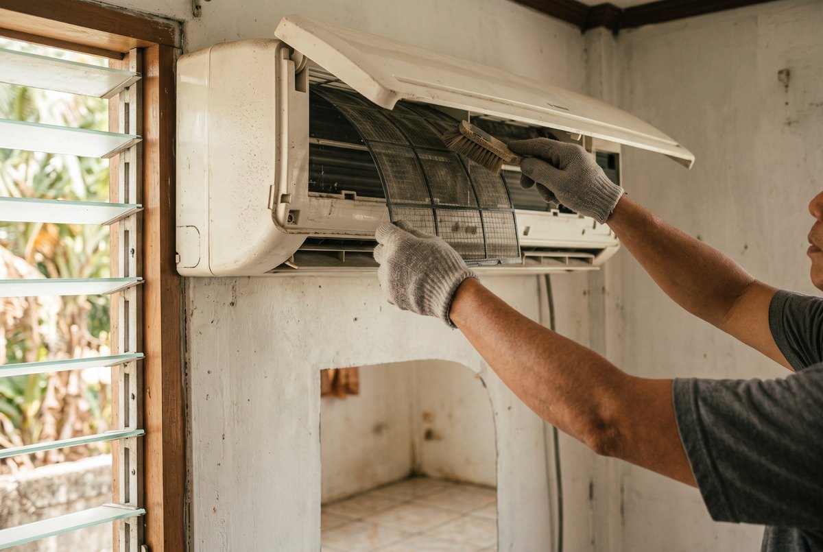 Gloved hands brushing dust from the filter of an open split-type air conditioner